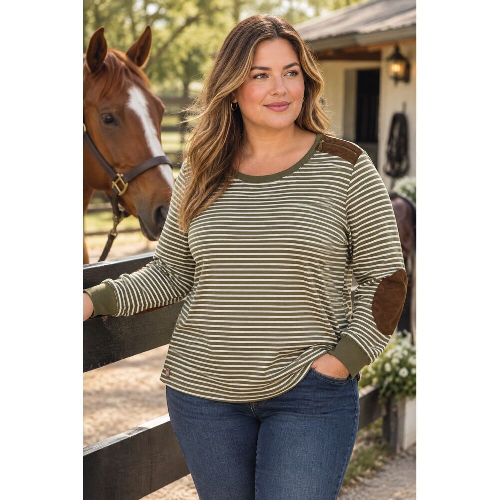 Lauren Ralph Lauren 1X Olive Green Stripe Suede Trim Equestrian Top Shirt #20